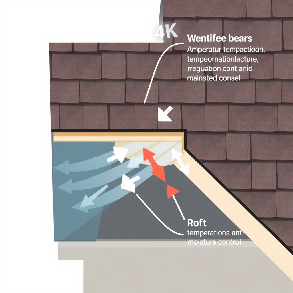 Create a cross-sectional diagram of a roof, illustrating the airflow through ventilation systems (soffit vents, ridge vents). Use arrows to indicate the direction of airflow. The diagram should be clear and easy to understand, highlighting the importance of ventilation for temperature regulation and moisture control. Use a clean, modern style. 4K resolution.