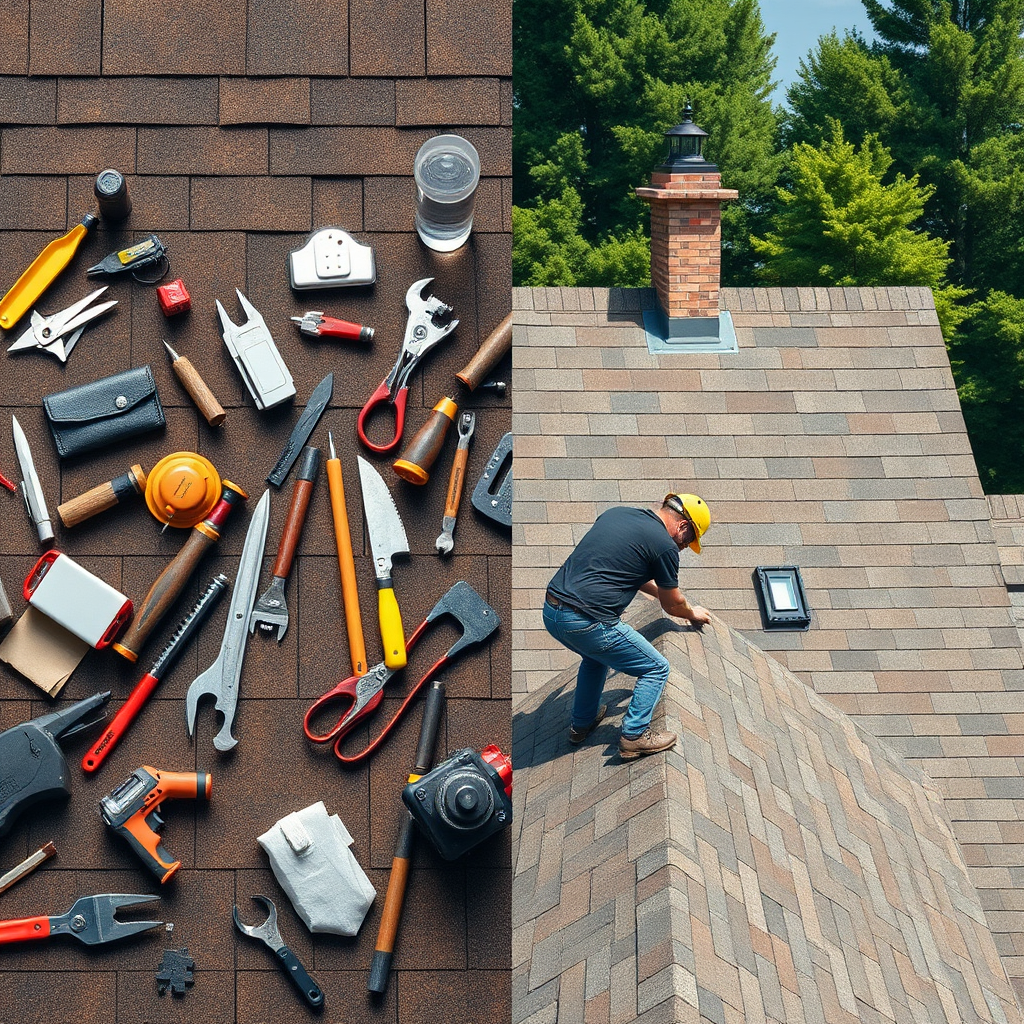 Create a split image contrasting a DIY roofing attempt (slightly chaotic, tools scattered, amateurish installation) with a professional roofing job (clean lines, organized, expert craftsmanship). The DIY side should evoke a sense of stress, while the professional side should convey confidence and quality. Use contrasting lighting (harsh for DIY, soft for professional). 4K resolution, photorealistic.