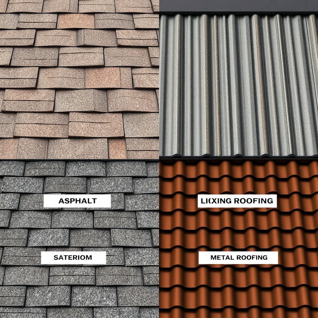 Create a visually appealing image showcasing different roofing materials (asphalt shingles, tile, metal roofing) side-by-side. Each material should be clearly labeled. The lighting should be even to highlight the texture and color variations of each option. Aim for a clean, informative style with a focus on showcasing the different material properties. 4K resolution, photorealistic.