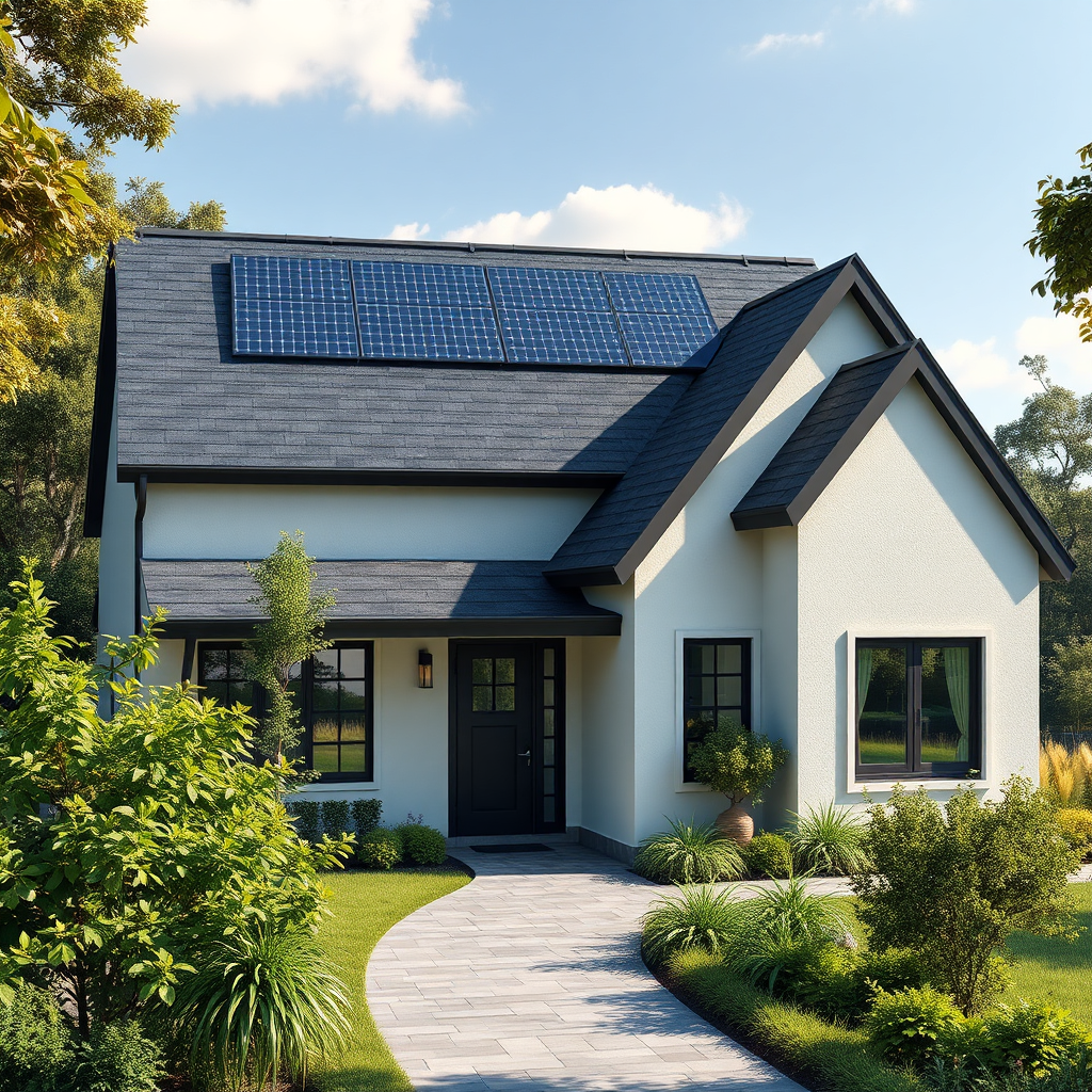 Create an image of a modern home with solar shingles seamlessly integrated into the roof design. The home should be surrounded by lush greenery and have a clean, sustainable aesthetic. The lighting should be bright and sunny, highlighting the eco-friendly aspect of the design. Emphasize the blend of functionality and sustainability. 4K resolution, photorealistic.