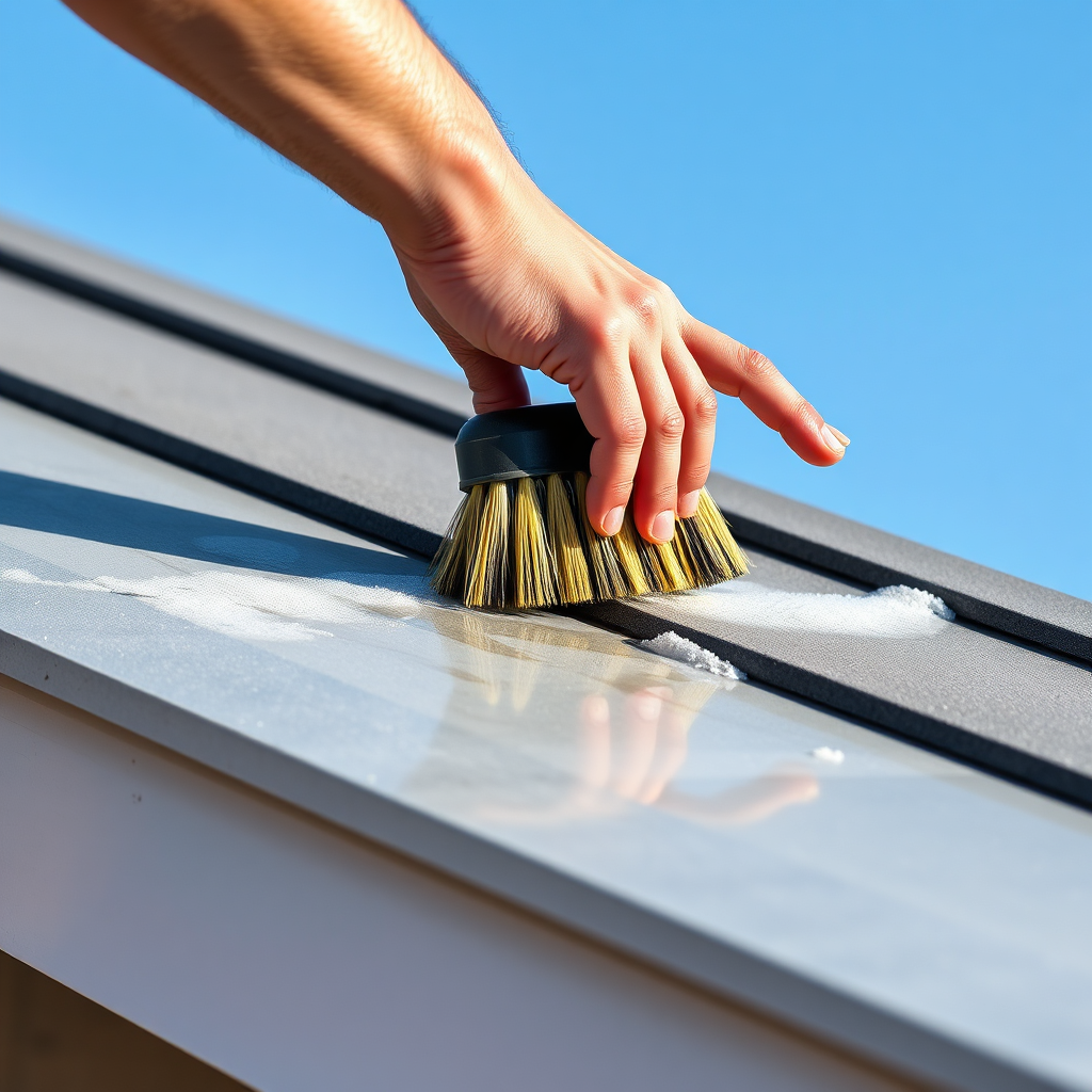 Create an image of a person carefully cleaning a roof with a soft brush and mild cleaning solution. Focus on the gentle cleaning process and the pristine condition of the roof. The lighting should be soft and natural, conveying a sense of care and maintenance. The background is a clear blue sky. 4K resolution, photorealistic.