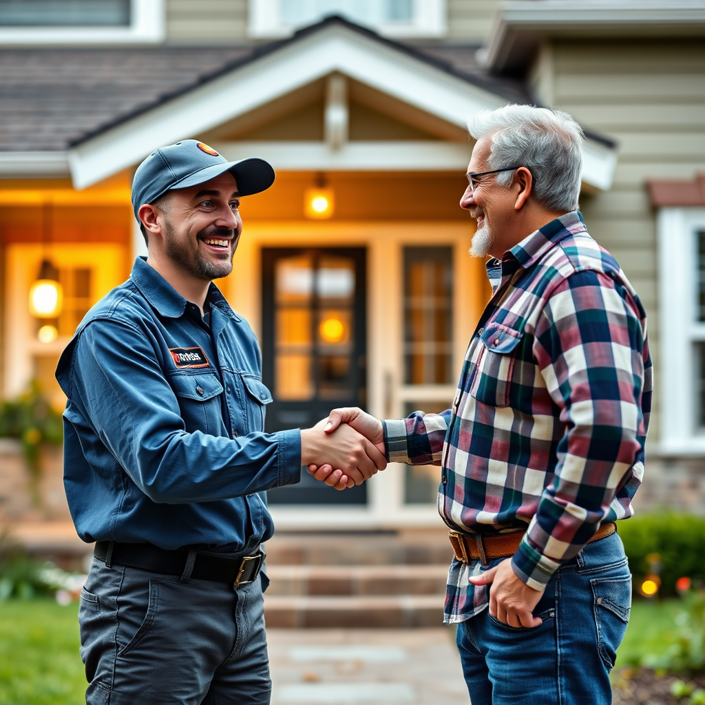 Create an image of a professional roofer shaking hands with a satisfied homeowner in front of their newly renovated home. The roofer should be wearing a branded uniform and have a confident, trustworthy demeanor. The home should look well-maintained and welcoming. The lighting should be warm and inviting, conveying a sense of trust and reliability. 4K resolution, photorealistic.