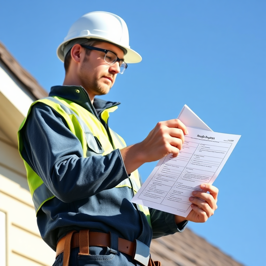 Create an image of a roofer inspecting a roof with a checklist in hand. Focus on the roofer's thoroughness and the attention to detail. The lighting should be bright and even, highlighting the various components of the roof being inspected. The background can include a clear blue sky. 4K resolution, photorealistic.