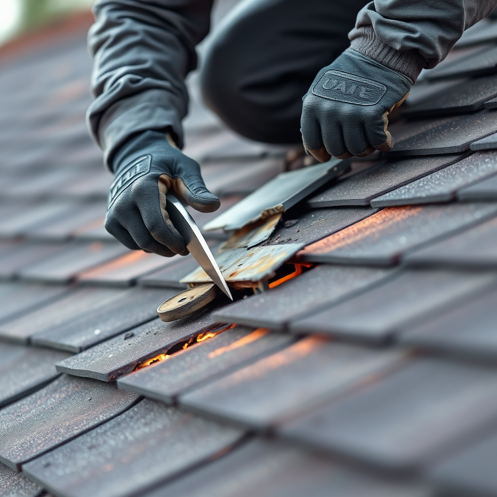 Create an image of a roofer repairing a damaged section of a roof. Focus on the roofer's skilled hands and the tools being used to make the repairs. The lighting should be focused on the area being repaired, highlighting the precision and attention to detail. The background can be slightly blurred. 4K resolution, photorealistic.