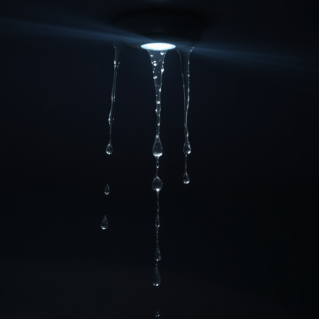 Create an image of water droplets dripping from a ceiling, indicating a roof leak. The lighting should be dramatic, with a single spotlight illuminating the droplets. The background should be dark and slightly out of focus to emphasize the urgency of the situation. Evoke a sense of concern. 4K resolution, photorealistic.