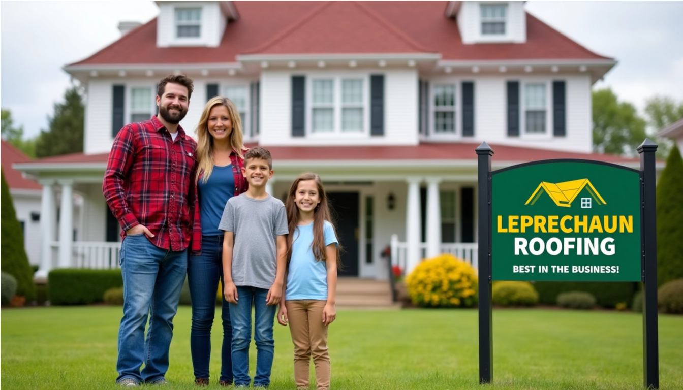 Create a photorealistic image of a family standing in front of their beautifully maintained home, highlighting the impeccable roofing. The roof should be clean and well-maintained. A friendly, professional roofer (perhaps wearing a Leprechaun Roofing t-shirt) stands slightly behind them, smiling warmly. The lighting is soft and natural, showcasing the happy family. The background includes a green, well-manicured lawn and a clear blue sky. Capture the feeling of security and pride in homeownership. The camera angle is slightly wide to include the entire scene. Aim for a 4K resolution, high-quality image reminiscent of a heartwarming advertisement.