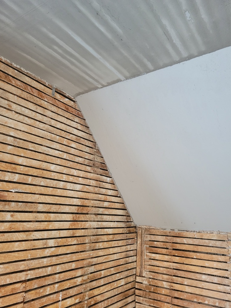 Wood lath with base coat — walls open for electrical and plumbing upgrades