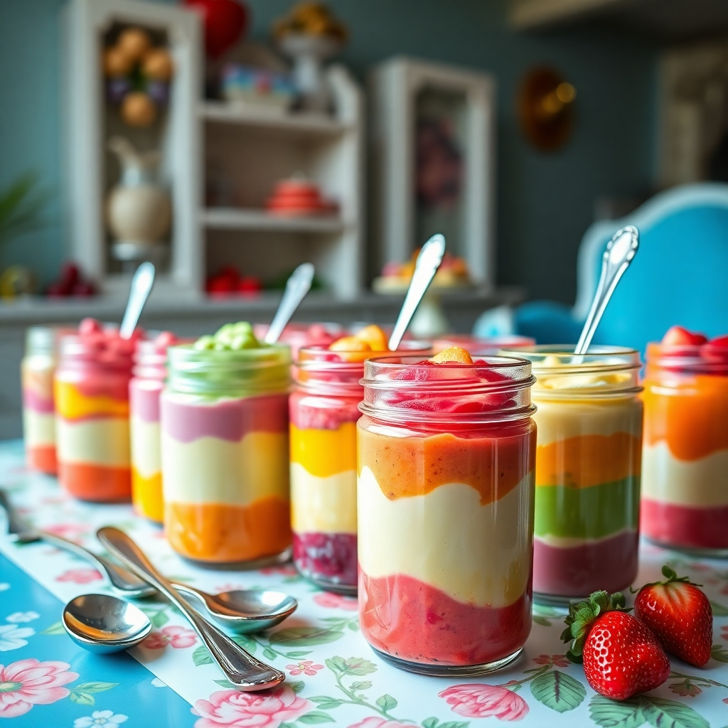 A beautiful image capturing an assortment of colorful pudding jars on a decorative table. The jars are transparent, allowing the layers to be seen clearly, reflecting vibrant hues and textures. The lighting is bright and cheerful, creating an eye-catching display. Props include vintage spoons and fresh fruits, adding to the tempting presentation. The camera angle is slightly tilted, providing a dynamic perspective. Style references may include modern dessert exhibitions. Technical specs should focus on high detail resolution to showcase the layers beautifully.