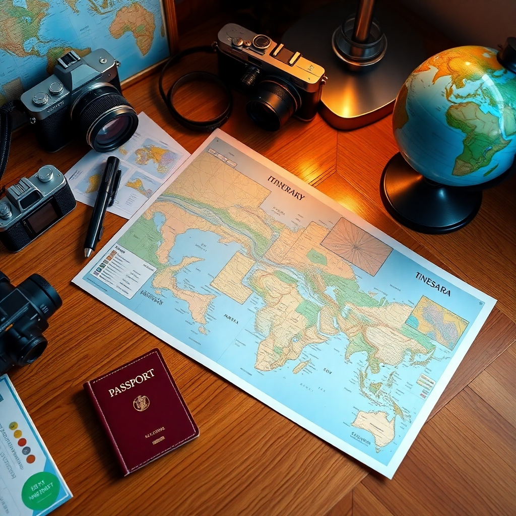 A beautifully arranged travel itinerary on a wooden desk, surrounded by travel accessories like a camera, passport, and a globe, reflecting a personalized travel experience, with warm lighting.