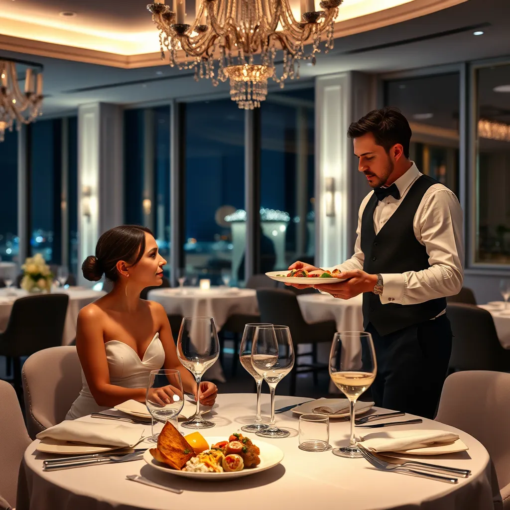 A beautifully lit, modern dining room with white tablecloths, elegant silverware, and a waiter presenting a plate of gourmet food to a couple enjoying a romantic dinner. The atmosphere should feel upscale and intimate.