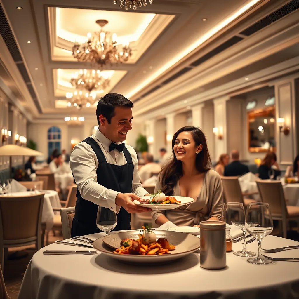 A beautifully lit, upscale restaurant interior with white tablecloths, elegant chairs, and a bustling atmosphere. A waiter is presenting a plate of gourmet food to a couple, who are smiling and enjoying the moment.