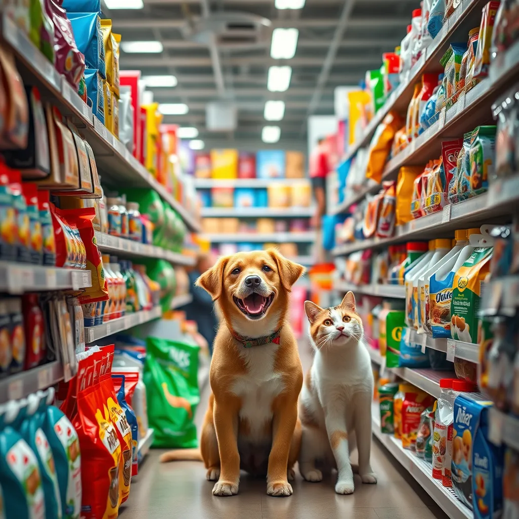A beautifully lit image of a well-stocked pet store aisle featuring a variety of pet supplies. Focus on the colorful and diverse range of products, highlighting the high quality and attention to detail in the selection. Show a dog and cat happily interacting with some of the products.