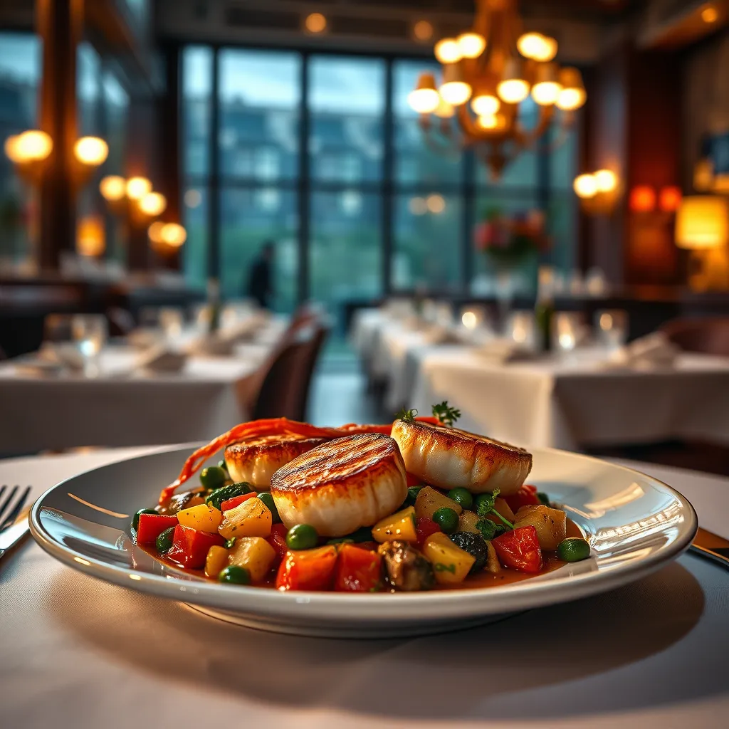 A beautifully plated dish of seared scallops with a vibrant, colorful vegetable medley, presented on a white tablecloth in a dimly lit restaurant with warm, inviting lighting. The setting should exude elegance and sophistication, suggesting a fine dining experience.