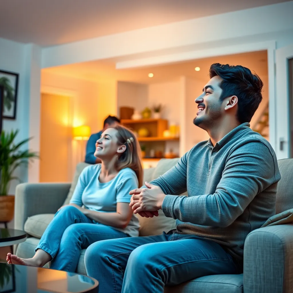 A bright, inviting image of a family enjoying clean air in their living room, with a friendly technician in the background performing routine duct cleaning maintenance. The image should convey a sense of peace, comfort, and the benefits of preventative maintenance.