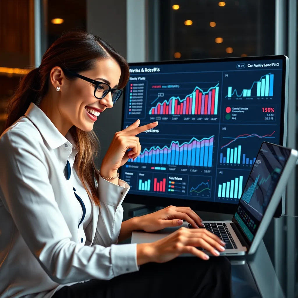 A businesswoman using a laptop, analyzing data graphs and charts that show a significant increase in website traffic and conversions. A happy client sits beside her, pointing at the positive results on the screen, showcasing the impact of our SEO services.