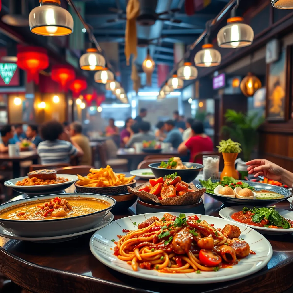 A bustling restaurant with a vibrant, multicultural atmosphere. Show diverse dishes arranged on plates - a steaming bowl of Thai green curry, a plate of freshly made pasta with tomato sauce, and a table with friends sharing a variety of appetizers from different cultures.