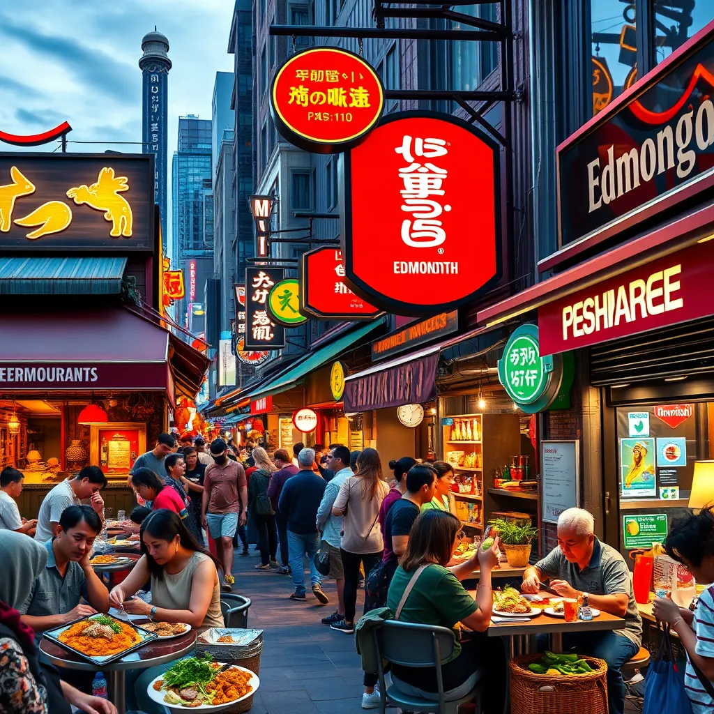 A bustling street scene in Edmonton, showcasing a vibrant mix of restaurants from different global cuisines. The image should capture the energy and diversity of the city's culinary landscape, featuring bright colors, inviting aromas, and a diverse crowd enjoying delicious meals.