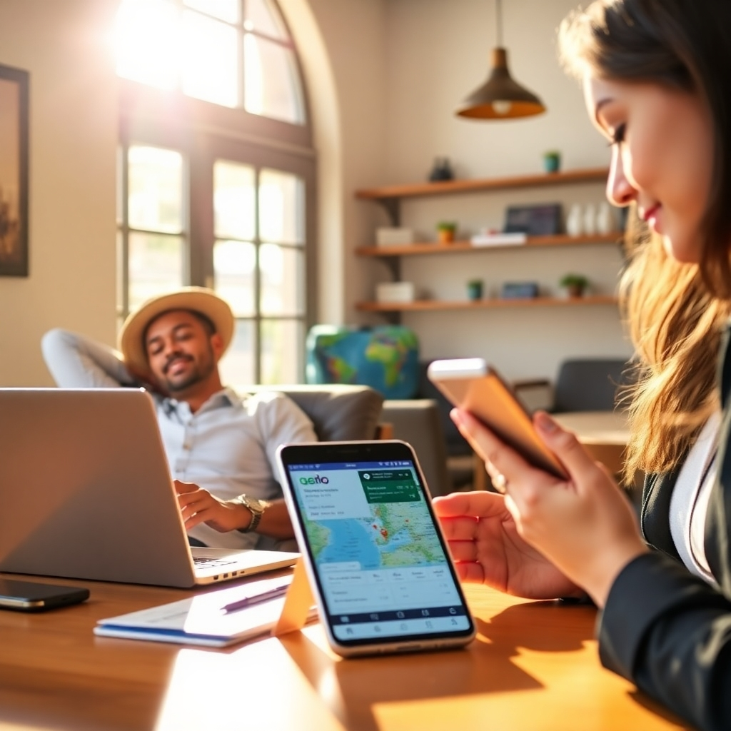 A busy traveler relaxing at a cozy coffee shop while browsing travel options on a laptop. Nearby, a travel agent on a phone with bookings displayed in the foreground. Sunlight streaming through the window creates a warm ambiance.