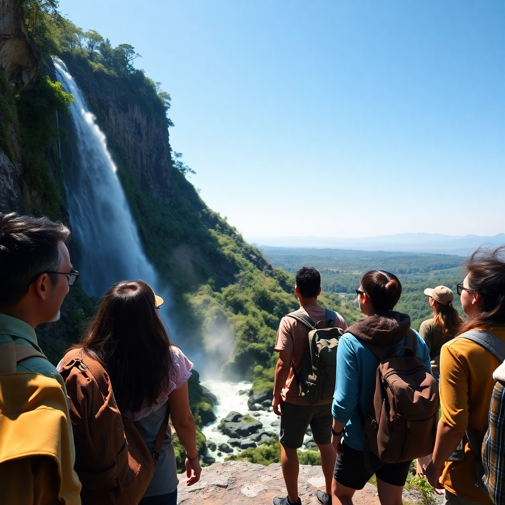 A captivating display of a diverse group of travelers exploring a scenic landscape, featuring an iconic natural landmark like a waterfall surrounded by lush greenery. The composition showcases joy and discovery, with travelers of various ethnicities marveling at the sight, capturing the essence of adventure. Soft diffused lighting creates an inviting atmosphere, enhancing the vibrant color palette of rich greens, blues, and warm earth tones. The camera angle is slightly elevated, presenting a panoramic view of the landscape. Textures of the flowing water and rugged rocks contrast beautifully with soft fabric of the travelers' clothing. In the background, faint silhouettes of distant mountains can be seen under a clear blue sky. This image emulates the style of renowned travel photographer Steve McCurry, capturing human emotions and stunning landscapes in a hyperrealistic 8K resolution format.