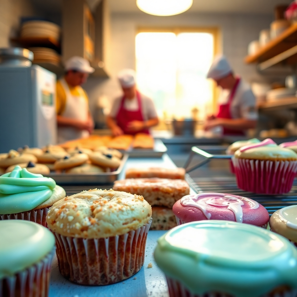 A captivating image representing the essence of Secret Sweets, featuring a kitchen scene filled with freshly baked cookies, squares, and cupcakes. The focus is on the warmth of the kitchen, with bakers in the background preparing more sweets. The lighting is bright and cheerful, enhancing the colors of the delicious treats. The composition is intimate, showcasing the details of the desserts with texture, like the frosting on cupcakes or the glaze on scones, all set in a charming, welcoming kitchen environment. The image should resonate with a mission of homemade quality, captured in high-quality 4K resolution.