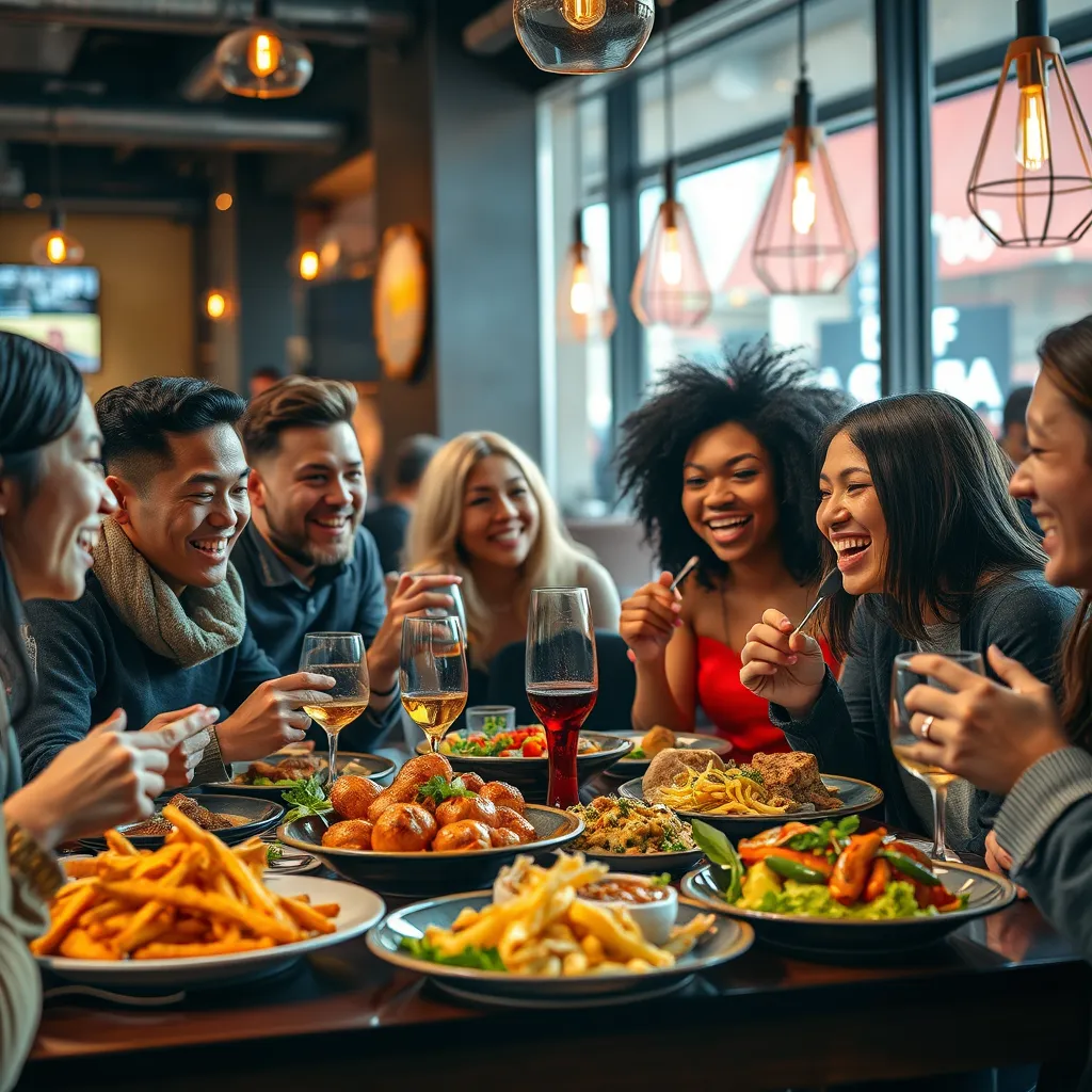 A captivating photorealistic image of a diverse group of friends enjoying a delicious meal at a trendy Edmonton restaurant. The scene should be set in a modern and stylish space with warm lighting and a lively atmosphere.  The friends are engaged in animated conversation, sharing laughter and enjoying the company of each other. The image should showcase the vibrant colors and textures of the food, capturing the essence of a memorable culinary experience.  The composition should focus on the human element, capturing the joy and connection that food can bring. The style should be photorealistic, with sharp details and realistic textures, capturing the vibrancy of Edmonton's dining scene.