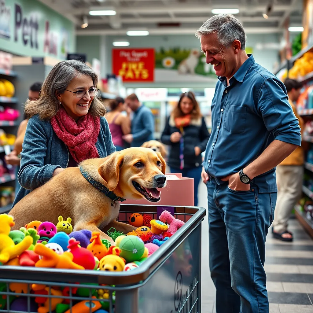 A cheerful scene of a pet owner and their dog enjoying a visit to the store. The dog is happily exploring a bin full of colorful toys while the owner interacts with a store employee, sharing stories and advice about their pet. The background depicts other customers browsing and interacting with their pets, creating a vibrant and playful atmosphere. The image emphasizes the store's role as a gathering place for pet lovers.