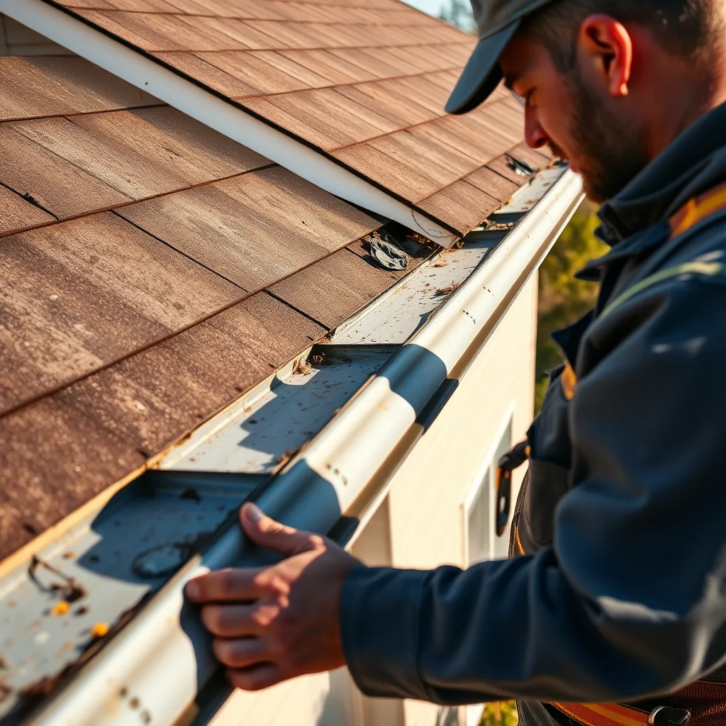 A close-up, high-angle shot of a professional contractor inspecting damaged gutters on a two-story suburban home. The gutters are made of metal with a slight patina, and show signs of dents and holes. The contractor is wearing work clothes and is holding a measuring tape. The lighting is bright and natural, with the sun casting long shadows on the house and the contractor. The image should have a realistic, detailed texture and material representation, with a sharp focus on the gutters and the contractor's hands. Rendered in 8K resolution with hyperrealistic detail.