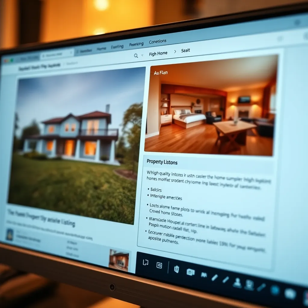 A close-up image of a computer screen displaying a detailed property listing. The listing includes high-quality photos of the home's interior and exterior, a floor plan, a list of features and amenities, and a section for contact information and inquiries.