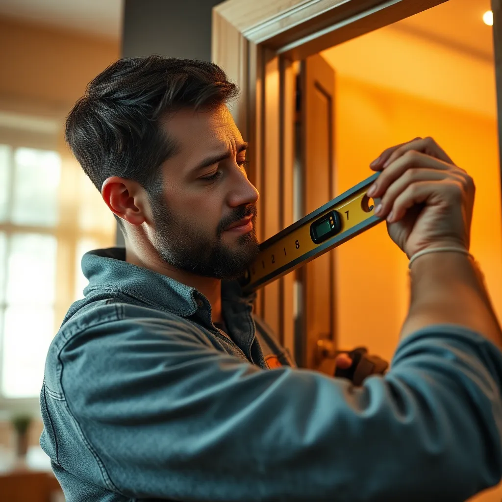 A close-up image of a handyman carefully installing a wooden door frame with a level and measuring tape, showcasing precision and attention to detail. The background should be a well-lit, home interior with warm lighting. The image should convey a sense of professionalism and expertise.