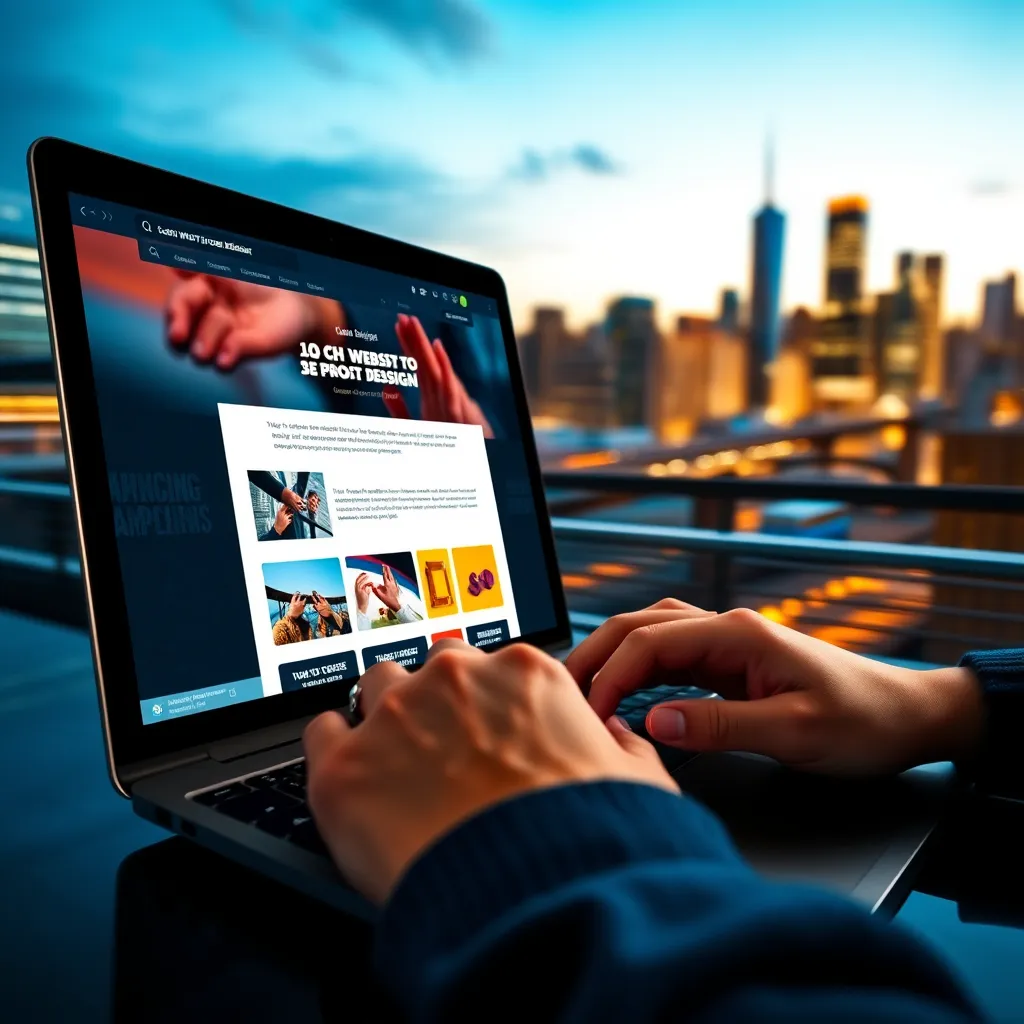A close-up image of a person's hands typing on a laptop, with a website design interface open on the screen. The screen shows a colorful website with images, text, and a clear call to action. In the background, a blurred image of a city skyline suggests a sense of speed and progress.