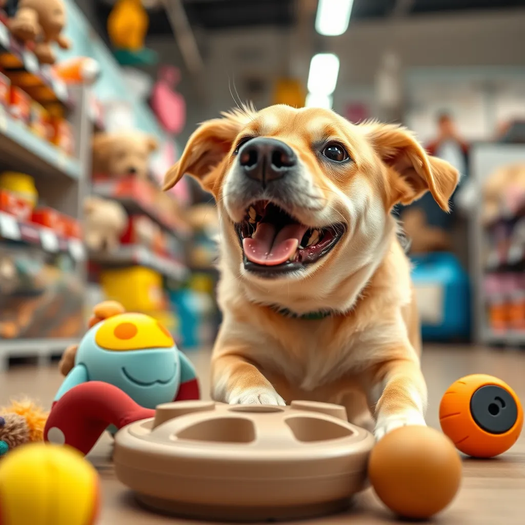 A close-up image of a playful dog interacting with a variety of toys, including a plush toy, a puzzle feeder, and a squeaky ball, in a brightly lit pet store setting. Capture the dog's happy expression and the energy of playtime.