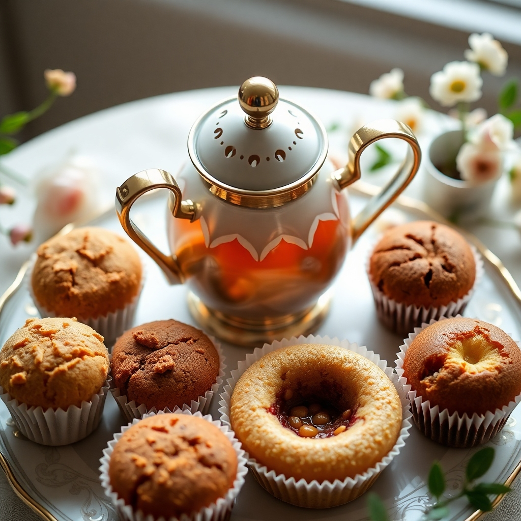 A close-up image showcasing a beautifully served afternoon tea setting, featuring an elegant teapot alongside a selection of dry tea cakes and muffins. The lighting is soft and warm, enhancing the rich colors of the treats. The background includes hints of greenery and flowers, creating a soothing atmosphere. The camera angle is top-down, emphasizing the arrangement and inviting viewers to indulge in the experience. Style references align with traditional tea time and elegant settings. Technical specs should ensure high resolution for detailed textures.