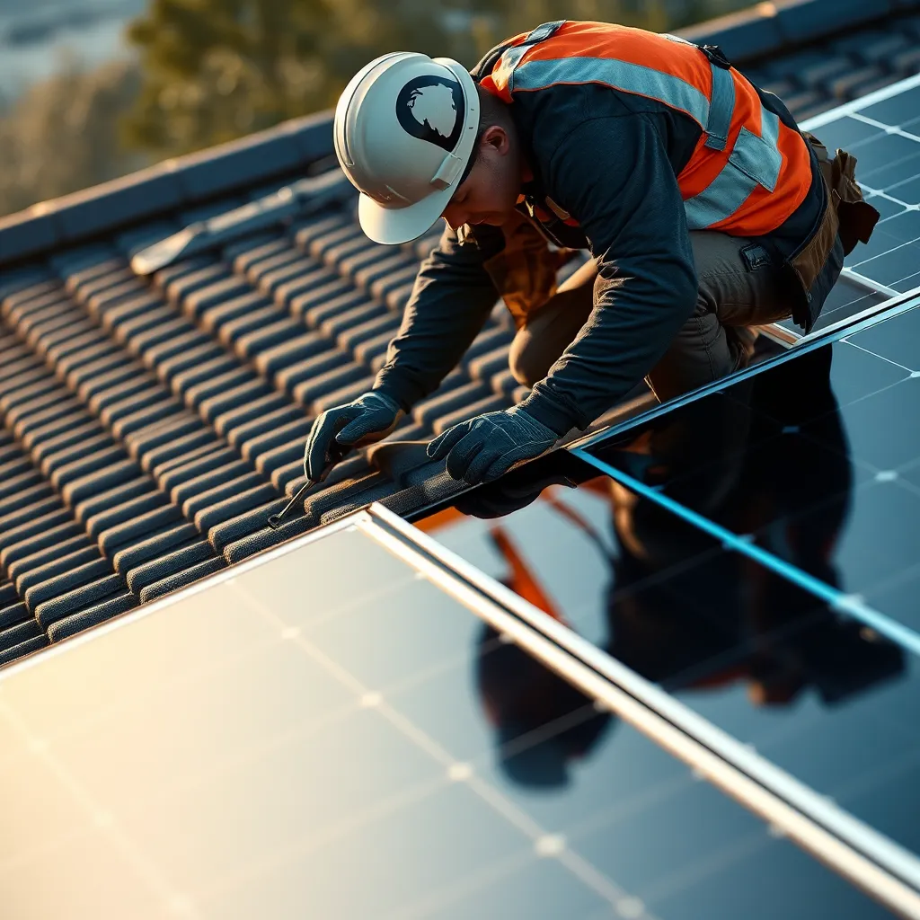  A close-up of a skilled roofer working on a new roof, with solar panels neatly installed on the same roof. The image should convey professionalism and expertise in both roofing and solar installation.