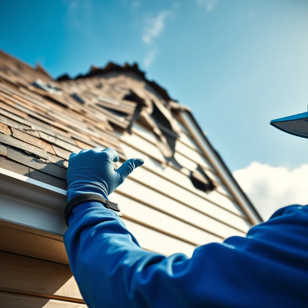 A close-up photo of a home's exterior with damaged shingles and siding. A Kiwi Exteriors worker in a blue uniform is inspecting the damage, pointing out a dent in the siding with a gloved hand. The background is a sunny day with a blue sky.