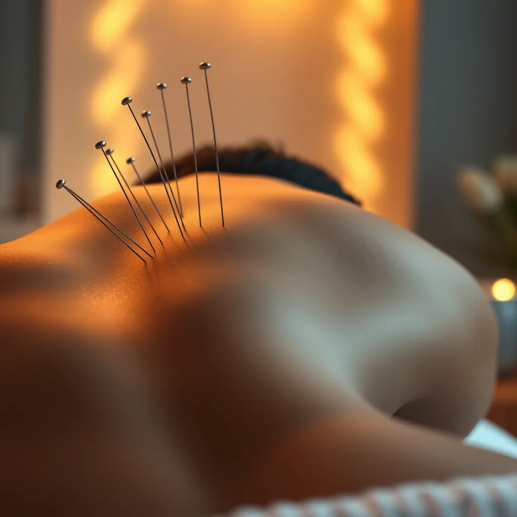 A close-up photo of a person receiving acupuncture treatment for back pain. The image should focus on the needles inserted into the back, with a serene and relaxed expression on the patient's face. The background should be a calming spa-like setting with soft lighting and soothing colors.