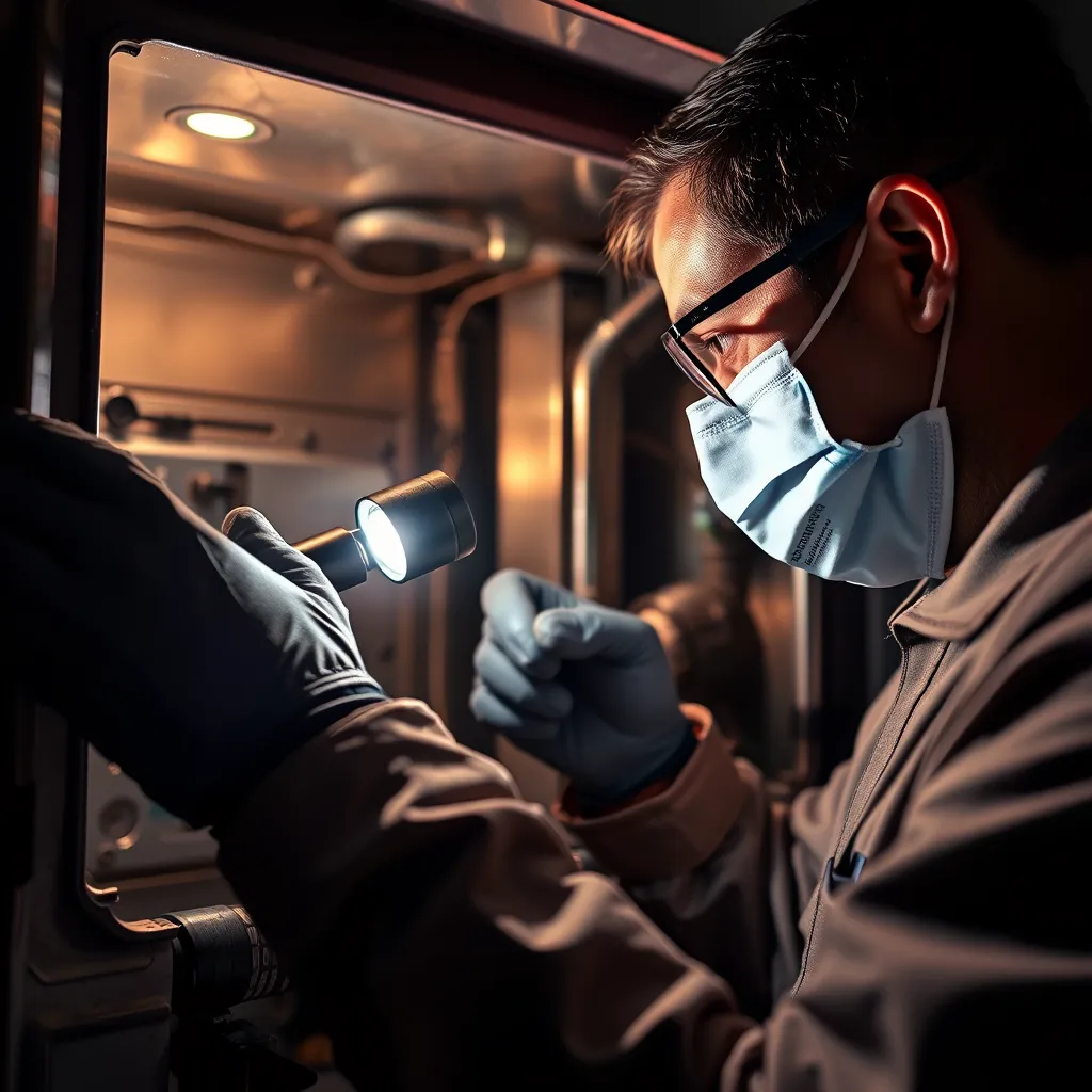 A close-up photo of a professional technician carefully inspecting the interior of a furnace with a flashlight. The technician is wearing a protective mask and gloves, and the furnace is clean and well-maintained. The image emphasizes the intricate workings of the furnace and the importance of regular cleaning and maintenance.