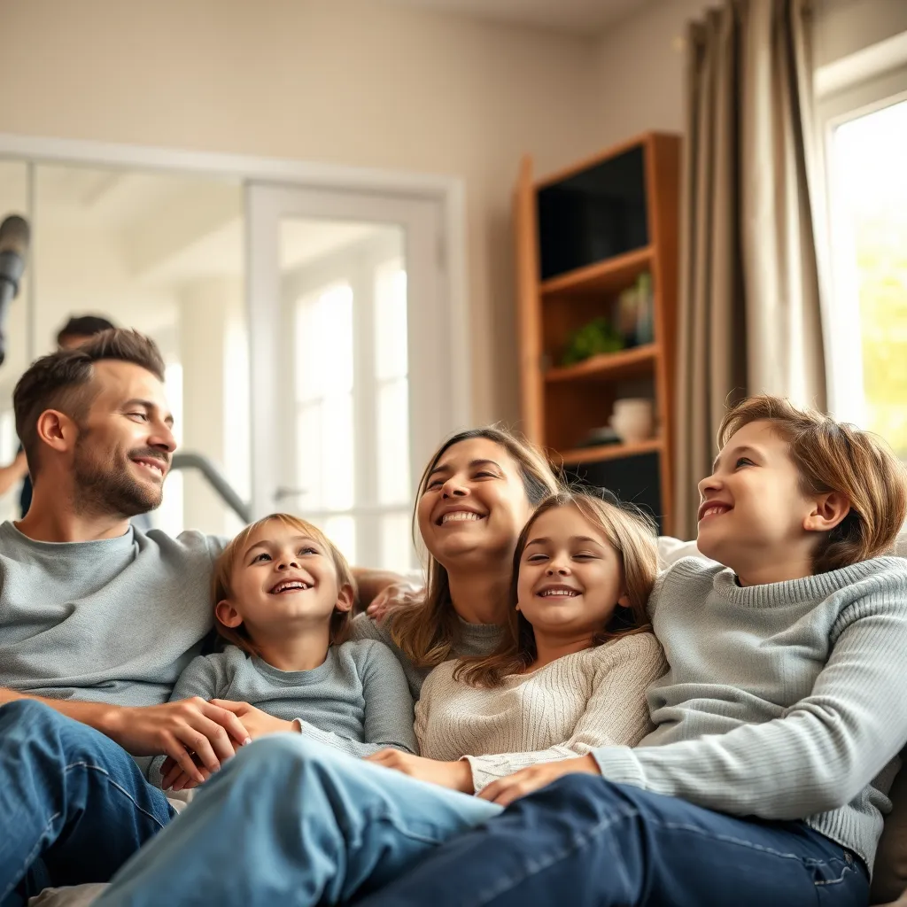 A close-up photo of a smiling family sitting on a couch in a brightly lit living room, with the sunlight streaming in through a window. The air is clean and fresh, and the family is breathing deeply and contentedly.  In the background, a professional technician is finishing up cleaning the furnace vents with a vacuum cleaner. 