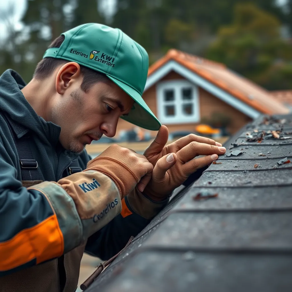 A close-up photorealistic image of a Kiwi Exteriors crew member meticulously inspecting a damaged roof. The image should focus on the crew member's hands, showcasing their expertise and attention to detail. The background should include a damaged roof and a home in need of repair.