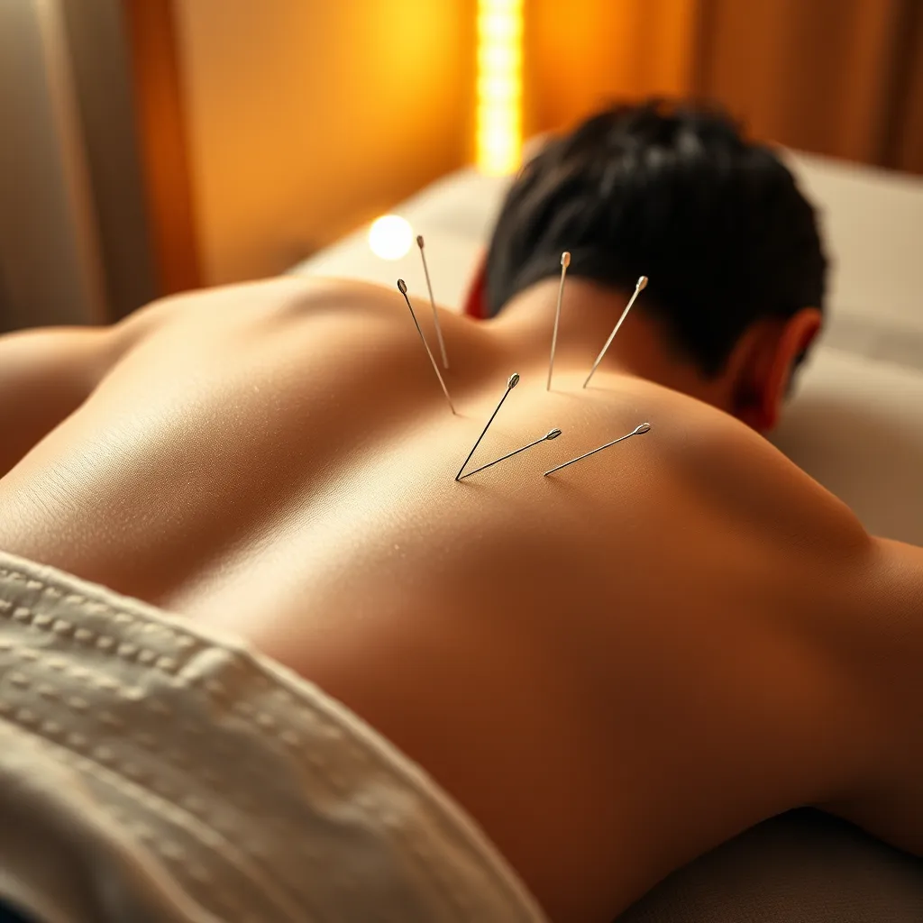A close-up photorealistic image of a patient receiving acupuncture treatment for back pain. The patient is lying on a massage table with their shirt pulled up, revealing their back. The acupuncturist is gently inserting needles into specific acupoints along the patient's spine. The needles are thin and silver, and the lighting is soft and warm, creating a calming atmosphere. The focus is on the needles entering the skin, capturing the detail and precision of the process. Render this image in an ultra-detailed 8K resolution, using natural skin tones and subtle lighting effects to emphasize the tranquil environment.  Capture the subtle expressions on the patient's face as they experience relief from their pain. 