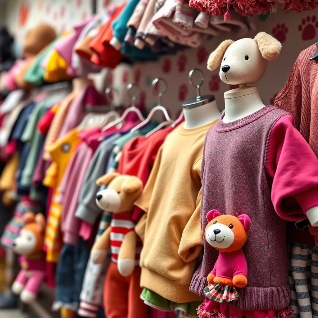A close-up shot of a colorful display rack filled with various pet clothing items, showcasing different styles and sizes. The clothing should be arranged aesthetically, with some items on mannequins or plush dog and cat toys. The background could be a pet store wall with a playful, whimsical pattern or a vibrant color.