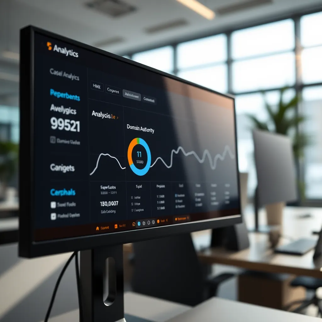 A close-up shot of a computer screen displaying a website analytics dashboard with a high domain authority score highlighted. The background should be a modern office setting with natural light streaming in.
