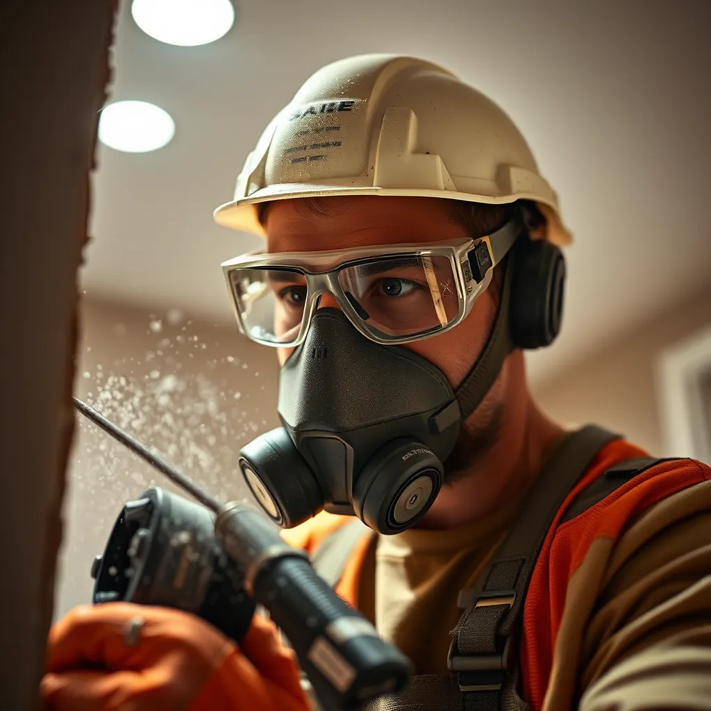 A close-up shot of a construction worker wearing safety goggles and a dust mask, carefully removing a section of drywall with a specialized tool in a residential room. The scene is lit by bright overhead lights, highlighting the worker's focused expression and the dust particles swirling in the air.