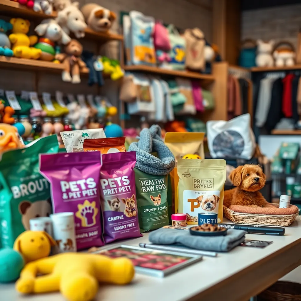 A close-up shot of a display table showcasing various pet products, including colorful toys, healthy raw food packages, stylish pet clothing, and grooming supplies. The products are arranged in an appealing and organized manner, highlighting the store's commitment to quality and variety. The image should capture the essence of a curated and diverse selection for pets of all needs and preferences.