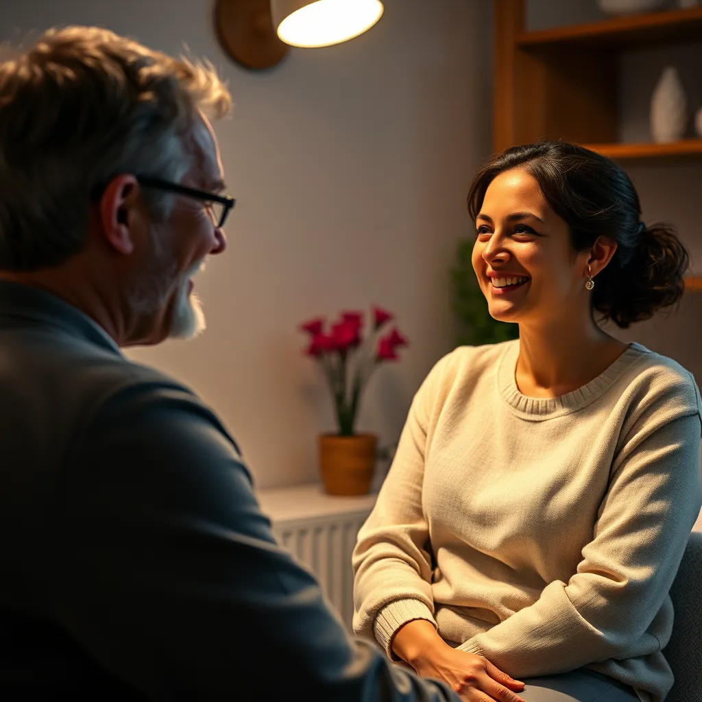 A close-up shot of a friendly, experienced acupuncturist sitting with a patient in a cozy treatment room. The practitioner is smiling and listening attentively to the patient's concerns. They are both dressed casually and comfortable, creating a warm and welcoming atmosphere.