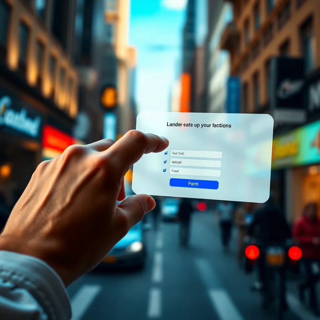 A close-up shot of a hand clicking on a call to action button on a website, leading to a landing page with a form. The background should be a blurred image of a bustling city street, symbolizing the potential reach of a strong online presence.