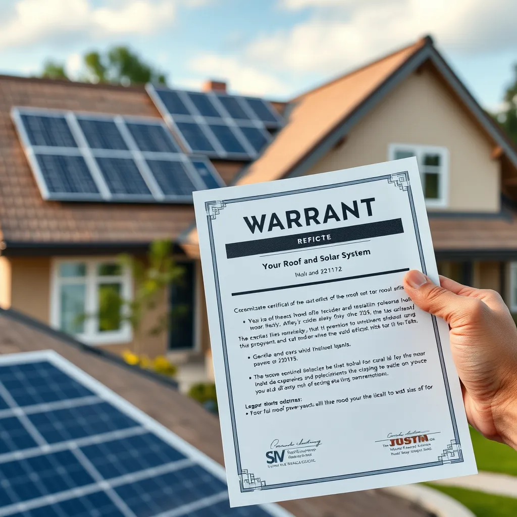  A close-up shot of a hand holding a warranty certificate for a roof and solar system, with a background image of a well-maintained house featuring a solar panel array. The image should exude trust and security.