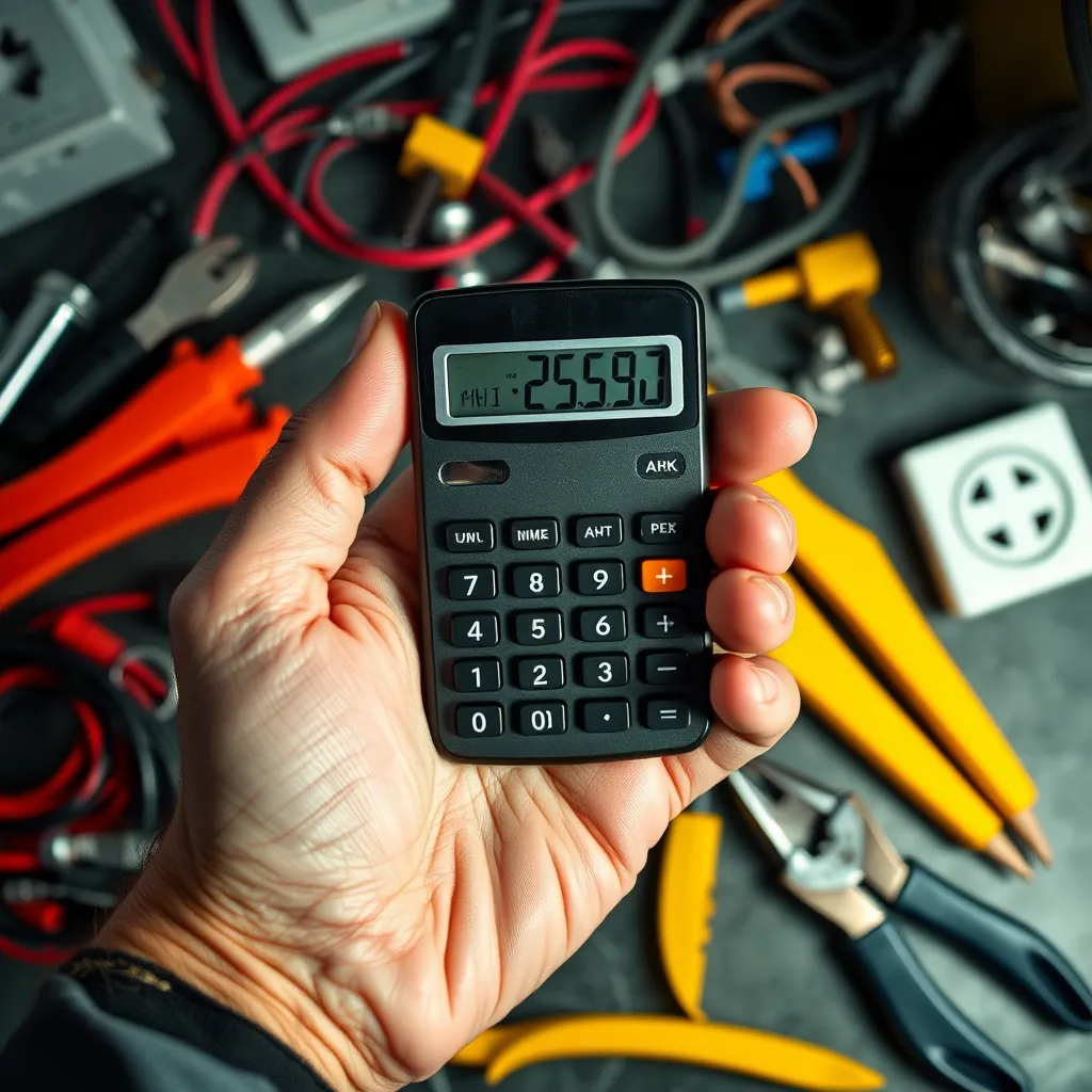 A close-up shot of a hand holding a calculator displaying a low number, with a background of various electrical tools and components, such as a screwdriver, wire cutters, and electrical outlets.