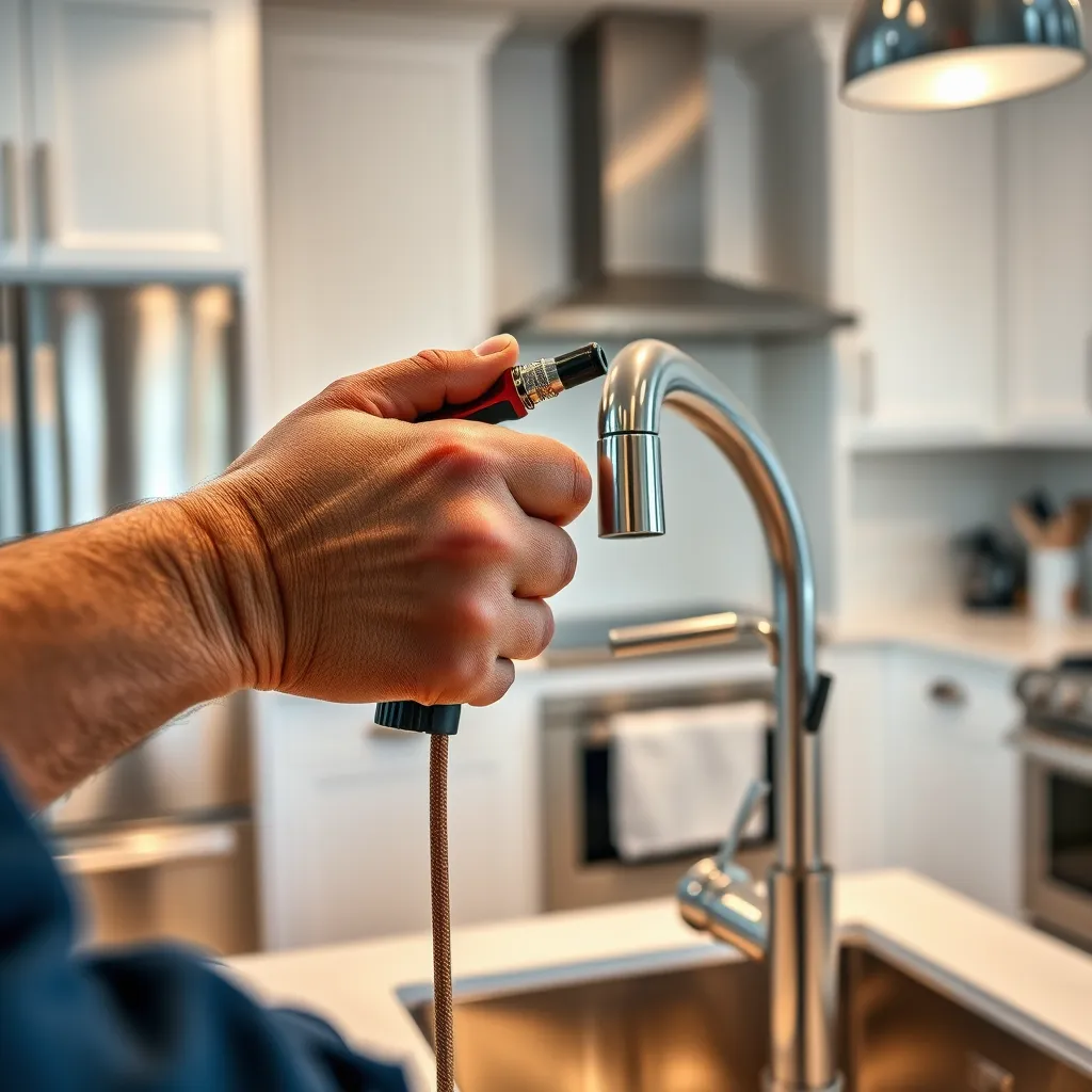 A close-up shot of a handyman's hands expertly installing a new faucet in a modern kitchen. The image should showcase the tools and materials used, highlighting the precision and care taken in the work. The background should feature a clean, contemporary kitchen with stainless steel appliances and white cabinets.