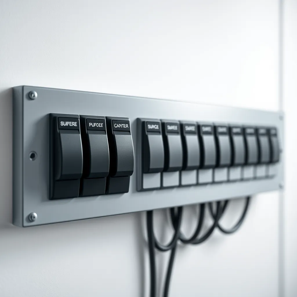 A close-up shot of a new, modern electrical panel, with sleek, black switches and a bright white background. The panel is mounted on a clean, white wall with subtle shadows, giving it a professional and modern feel. The image should be focused on the panel, with minimal background distractions. The lighting is soft and diffused, highlighting the details of the panel. The image should be ultra-realistic, with sharp details and textures, including the panel's metallic surface, the clear labels on the switches, and the wiring behind the panel. The image should be captured at a slightly low angle, emphasizing the panel's size and importance. The overall mood should be one of safety, efficiency, and reliability.  The image should be in the style of a professional product photography, with a clear and crisp composition.  The resolution should be 8K, with a cinematic aspect ratio of 2.39:1. 