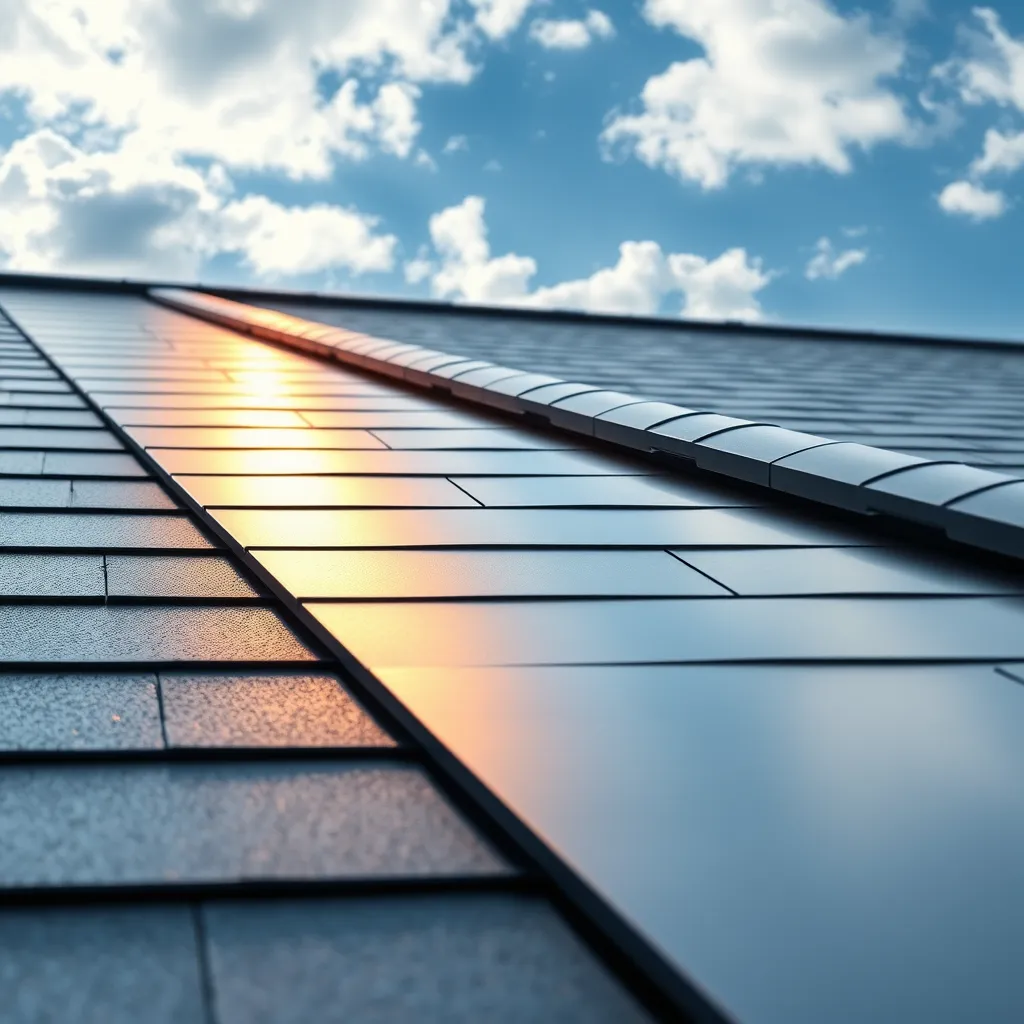 A close-up shot of a newly installed roof with sleek, modern shingles. The roof is angled, showing a dramatic sky reflecting off the shiny surface. The image should convey a sense of durability and weather resistance.